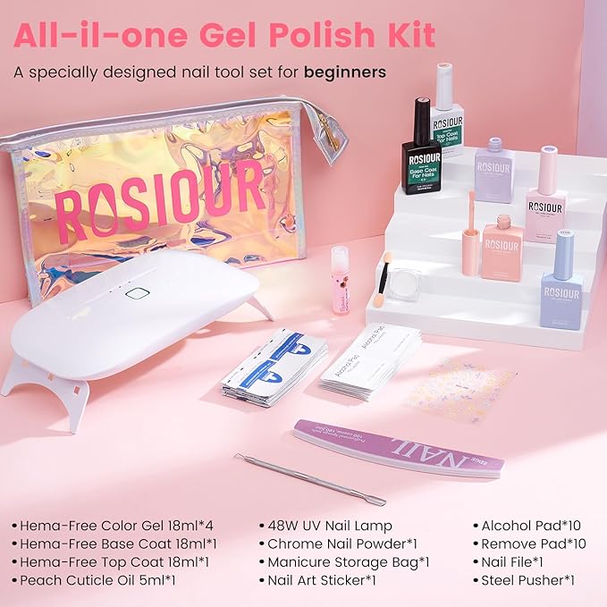 Gel Nail Polish Kit with U V Light, Hema-Free Light Baby Pink Blue Purple Nude Pink Summer Gel Polish Set with Base & Top Coat Chrome Nail Powder, 4 Colors Mini Salon Nail Art Starter Gift for Women-BrightBean Baby