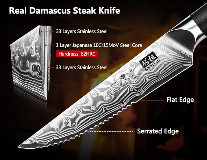 SHAN ZU Steak Knife of 7, 4.5 Inch Damascus Steak Knife Set with Block, Japanese High Carbon Steel Kitchen Serrated Knives Set with Ergonomic G10 Handle and Gift Box