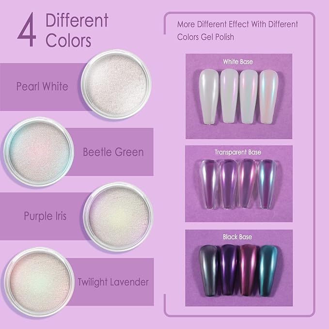 Allstarry Chrome Nail Powder 4 Colors Iridescent Aurora Powder Metallic Mirror Effect Pigment Pearlescent Mermaid Glitter Unicorn Glitter for Nail Art Manicure Decoration Home DIY Salon - Ice Series-BrightBean Baby