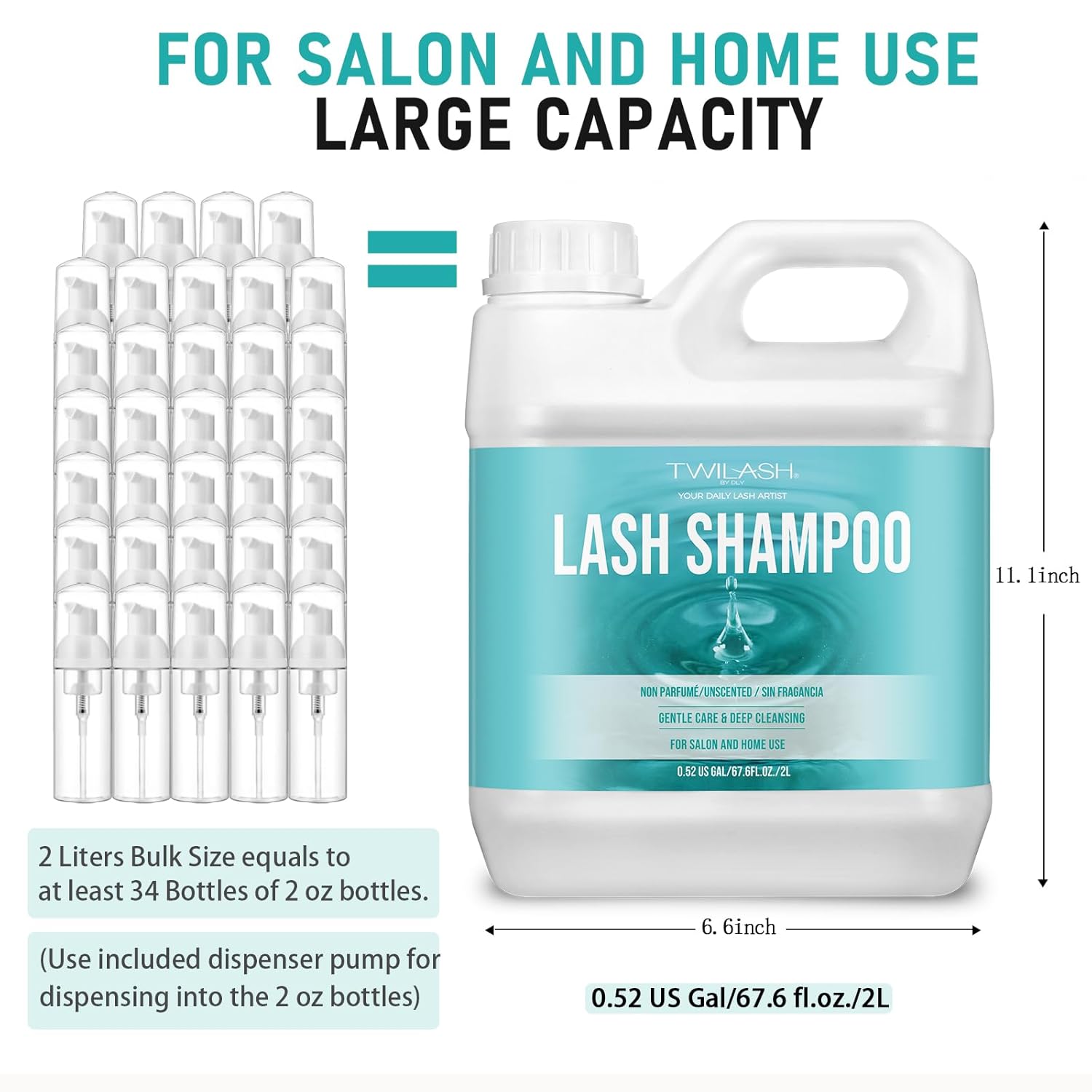 Lash Shampoo Bulk, Eyelash Cleanser for Extensions 2 Liters, Dispenser Pump, Safe Makeup Remover, Non-irritating or Burning Eyelid Foaming Cleanser for Professional Salon and Home Use (Unscented-2L)-BrightBean Baby