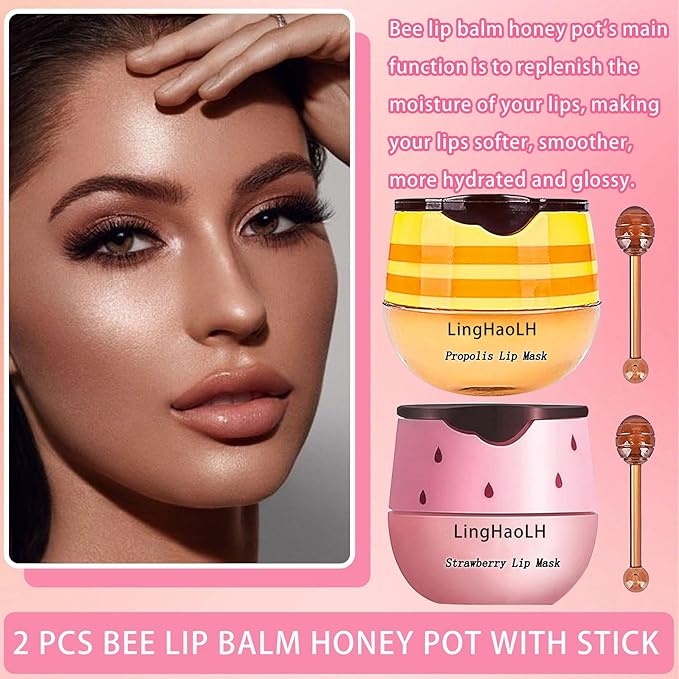 2PCS Bee Lip Balm,Hydrating Honey Pot Lip Balm with Stick,Non-Greasy Silky Sleeping Lip Mask Set,Long Lasting Lip Scrubs Moisturizer for Dry Cracked Lips（Honey ＋Strawberry）-BrightBean Baby