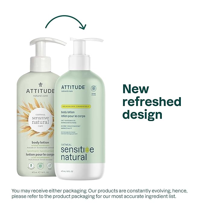 ATTITUDE Body Lotion for Sensitive Skin with Oat, EWG Verified, Dermatologically Tested, Vegan, Avocado Oil, 16 Fl Oz-BrightBean Baby