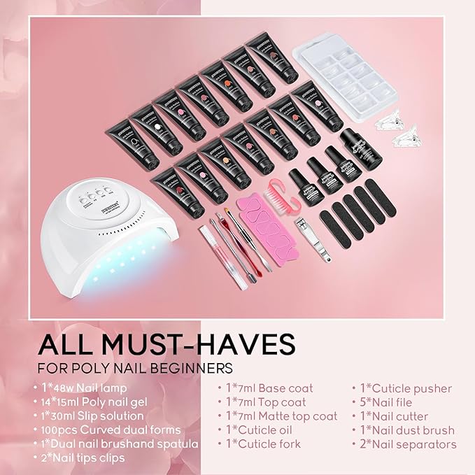 JEWHITENY 14 Colors Poly Extension Gel Nail Kit With U V Lamp Nude Pink White Brown All In One Poly Gel Starter Kit With Base Top Coat Manicure Salon Frence Nail Art DIY-BrightBean Baby