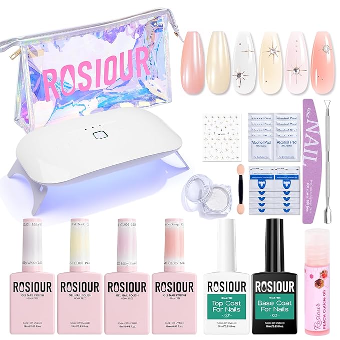 Jelly Gel Nail Polish Kit with U V Light, Hema-Free Milky Jelly White Pink Nude Orange Gel Polish Set with Base & Top Coat Chrome Nail Powder, 4 Colors Mini Salon Nail Art Starter Gift for Women Girl-BrightBean Baby