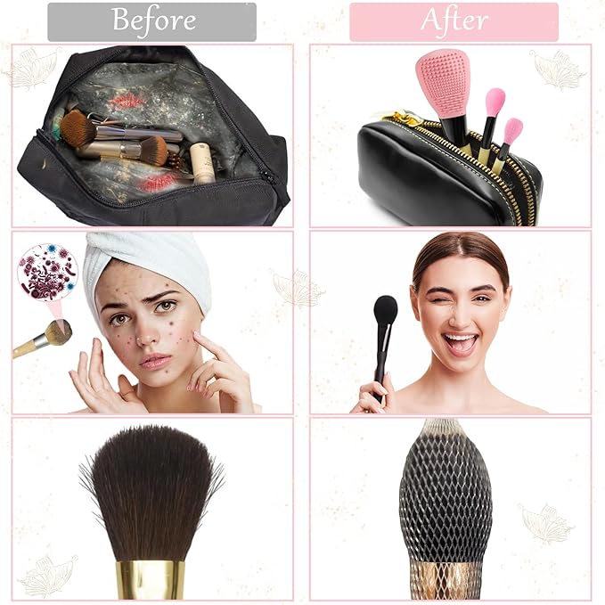 Silicone Travel Make-up Brush Holder with Cleaner Mat Pad, Organizer Case Covers for Foundation Eye Lip Brushes Storage Cleaning, Gift for Women Girl-friend Mother Wife, 3-Pcs Large + 5 Small, Pink-BrightBean Baby