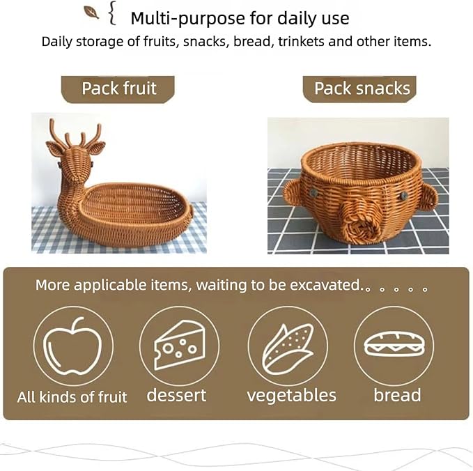 hand-woven round rattan basket storage basket storage box ornaments decorative basket multifunctional picnic food bread basket fruit gift basket key basket. (pig)