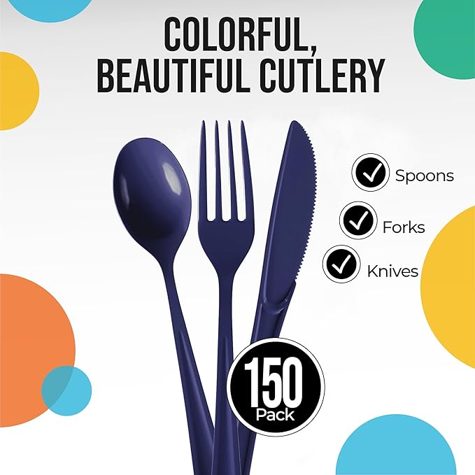 Party Solids Dark Purple Plastic Silverware Heavy Duty 150 Pcs Dark Purple Plastic Cutlery Sets, Utensil Sets, 50 Of Each Forks, Knives & Spoons Disposable Cutlery Set, Flatware Set For Party Supplies