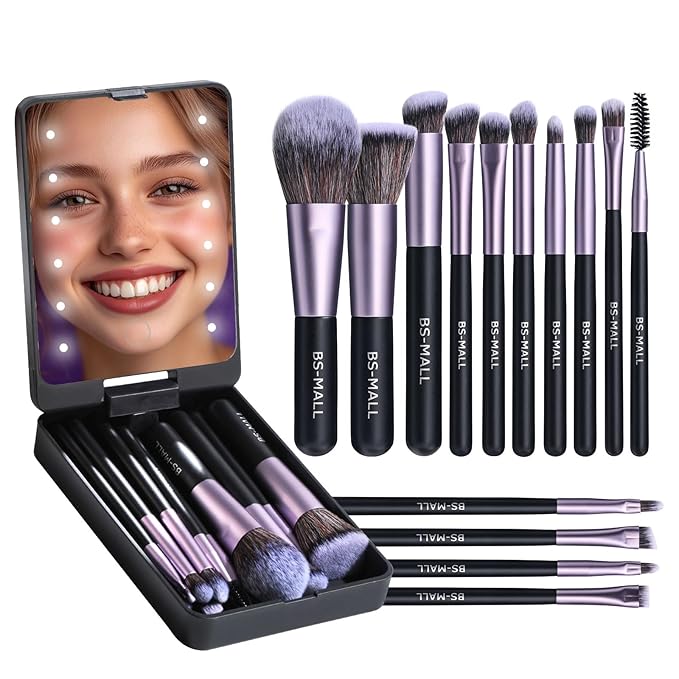 BS-MALL Travel Makeup Brush Set Foundation Powder Concealers Eye Shadows Makeup Set with LED light Mirror 14 Pcs (Purple)-BrightBean Baby