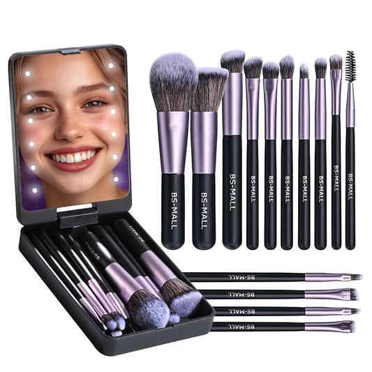 BS-MALL Travel Makeup Brush Set Foundation Powder Concealers Eye Shadows Makeup Set with LED light Mirror 14 Pcs (Purple)-BrightBean Baby