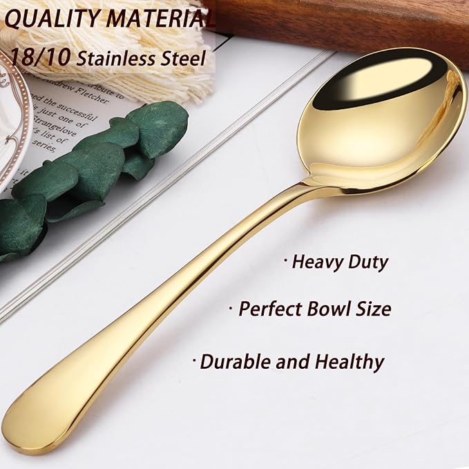7" Round Soup Spoons Set of 4,18/10 Stainless Steel Heavy Duty with Deep Bowl,Fine Mirror Polished,Dishwasher Safe(Gold)