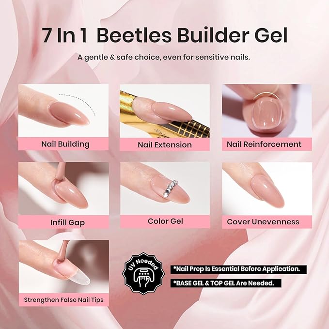 Beetles Builder Gel for Nails, 7 in 1 Nude Brown Colored Strengthener Gel in a Bottle for Nail Extension Nail Apex Building UV LED Lamp Cured DIY at Home Beauty Gift Sets for Women,Base Coat Need-BrightBean Baby