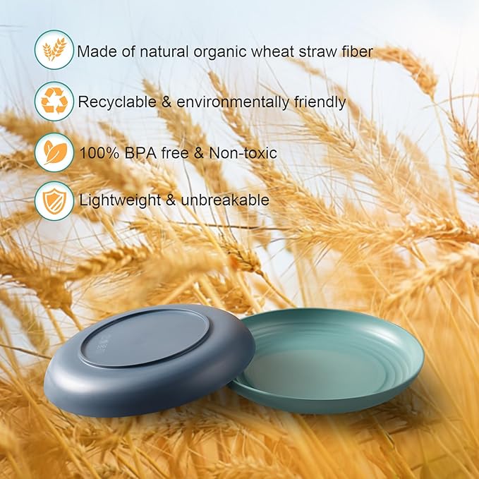 12 Pcs Unbreakable Deep Dinner Plates Set, 10 inch Reusable Plastic Wheat Straw Plates, Microwave and Dishwasher Safe Plate for Kitchen, Lightweight Plate for Dessert, BPA Free, 4 Colors