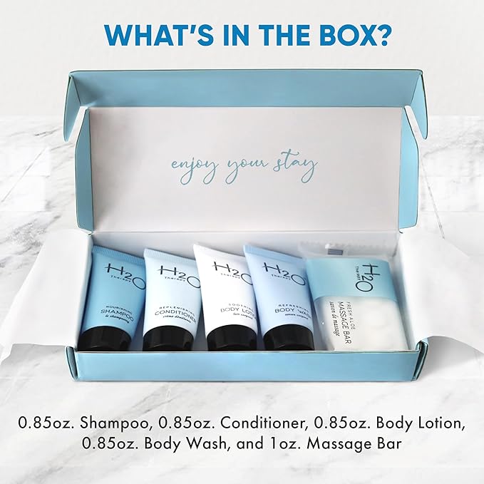 H2O Therapy Amenity Kit | Boxed Hotel Toiletries | Bulk Set 0.85 oz Travel Size Shampoo, Conditioner, Lotion, Body Wash & Body Bar Soap for Guest Hospitality AirBnB/Vacation Rentals | 1 set per case-BrightBean Baby