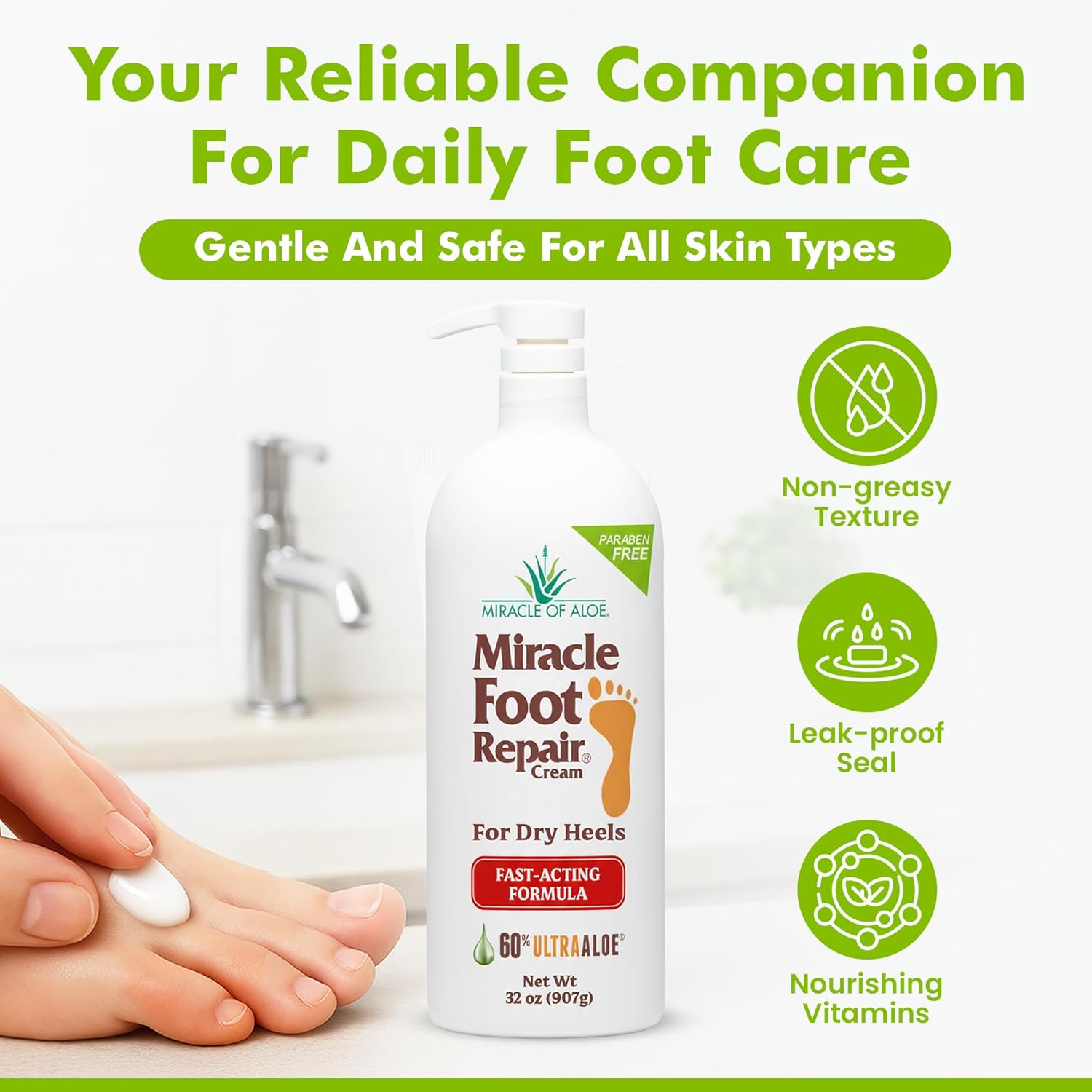 Miracle Foot Repair Cream (32 oz) Repairs Dry Cracked Heels and Feet, 60% Pure UltraAloe Moisturizes, Softens, and Repairs-BrightBean Baby