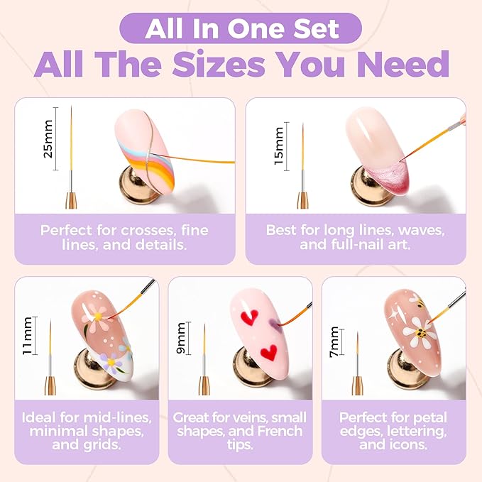 UNA GELLA Nail Art Pens Metallic, Liner Brushes Set For Nail Art Gel Polish, 5Pcs Purple Color, Detail Nail Art Design Painting Brush Set For Nails Gel Fine Drawing Nail Tools, Sizes 7/9/11/15/25mm-BrightBean Baby