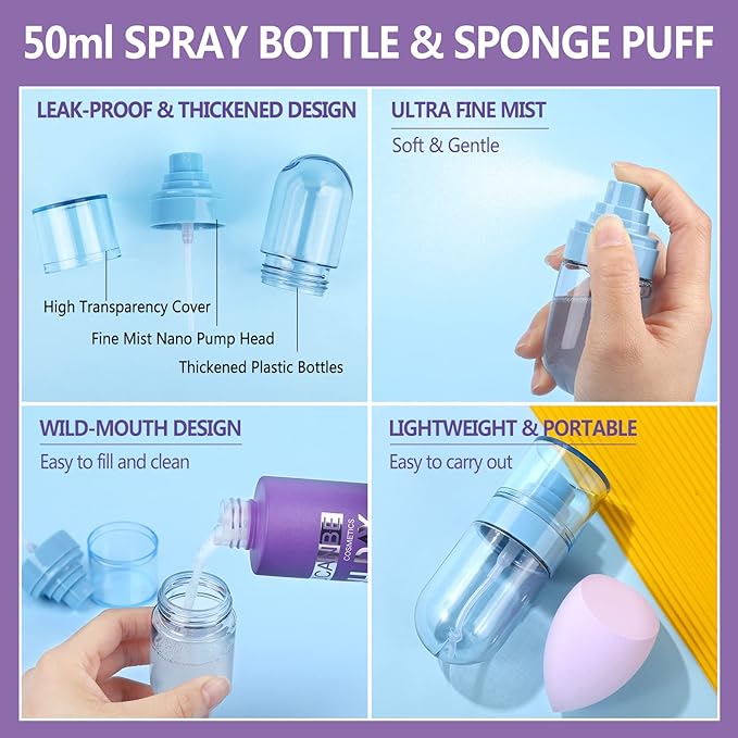 Long Lasting Makeup Setting Spray Kit- 6.76 Fl oz Hydrating Matte Finish Mist Lightweight Face Make up Fixer +Travel Size Spray Bottle+Sponge Puff Makeup Set-BrightBean Baby