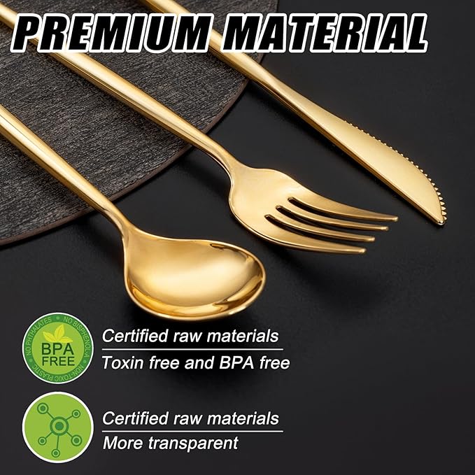 SUT 600 Pcs Gold Plastic Silverware, Gold Disposable Utensils, Heavy Duty Cutlery Set, Disposable Silverware Set Include 200 Forks, 200 Spoons, 200 Knives Heavy Duty Flatware for Party