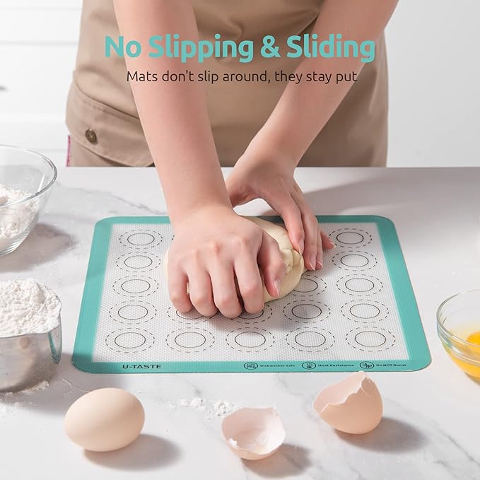446ºF Heat Resistant Macaron Mat: U-Taste 11x11 Inch Non Stick Silicone Baking Mat, Reusable Cookies Pastry Sheet Liner with Edge Enhancement & Circle Measurement for Square Cake Pan (2 PCS, Aqua Sky)