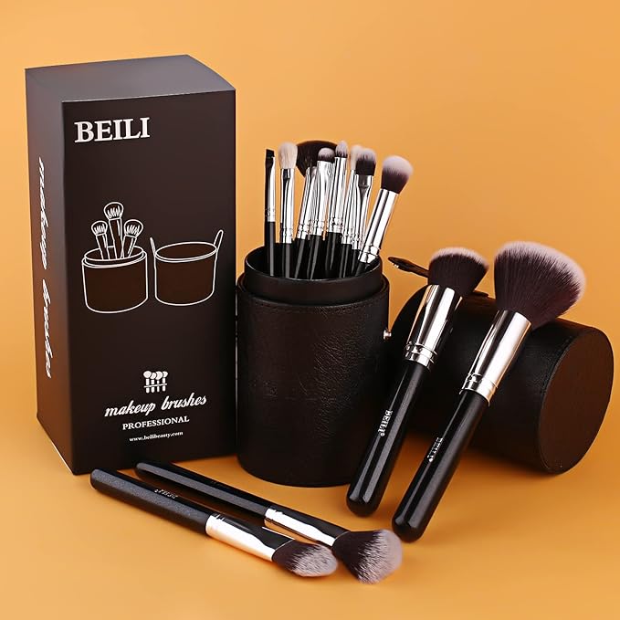 BEILI Makeup Brushes 12pcs Makeup Brushes Set with Holder Premium Synthetic Kabuki Foundation Brush Blending Blush Concealer Full Face Makeup Brushes Kit With Gift Box(Black)-BrightBean Baby