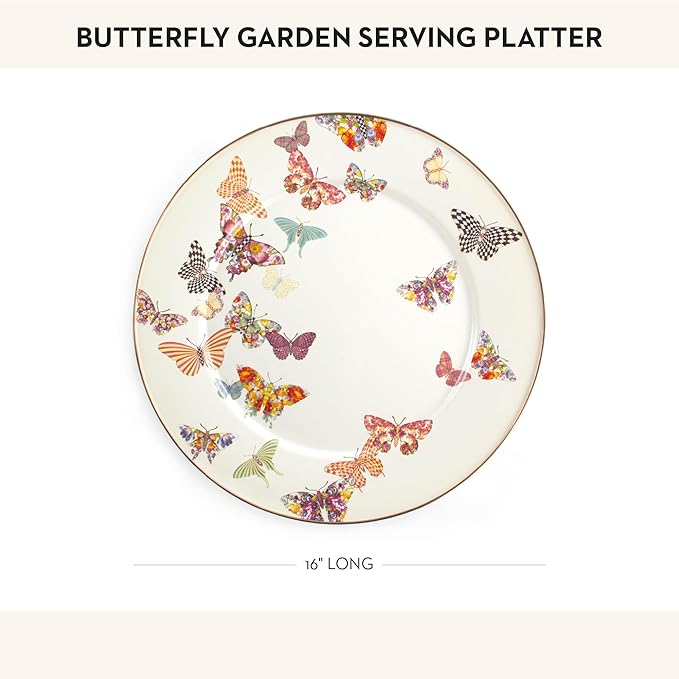MACKENZIE-CHILDS Enamel Serving Platter, Decorative Serving Platter for Food, 16 Inches, Butterfly Garden