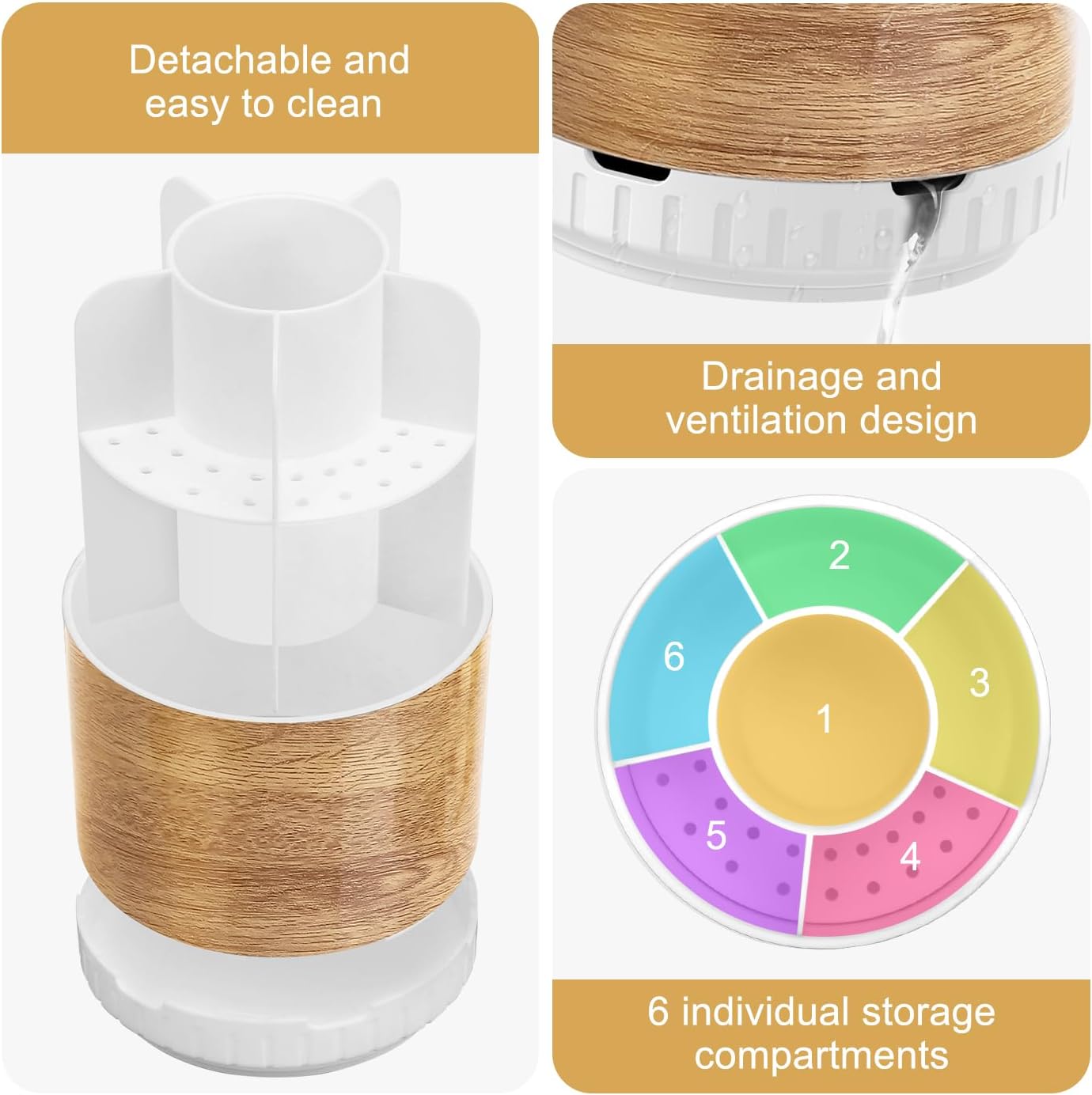 Wood Toothbrush Holders Organizers - Rotating Detachable 6 Slots Electric Toothbrush and Toothpaste Holde for Bathroom Accessories Organization Counter Vanity Sink Storage-BrightBean Baby