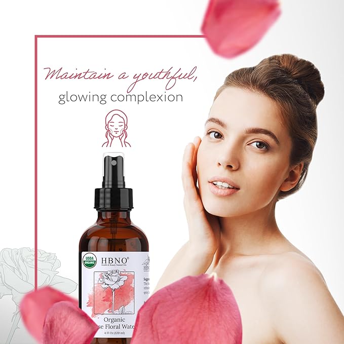 HBNO California Bottled Organic Rose Water for Face 4 fl oz (120ml) - USDA Certified Organic Rose Water Spray for Cleansing- Pure Rosewater for Hair - Rosewater Face Mist-BrightBean Baby