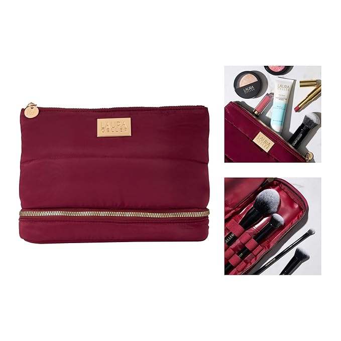 LAURA GELLER NEW YORK Quilted Makeup Bag with Brush Case, Burgundy - Toiletry Bag Organizer for Travel - Large Capacity Full Size Makeup Bag - Easy to Clean-BrightBean Baby