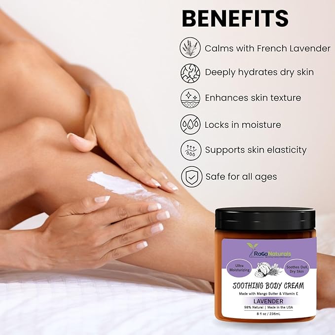 RaGaNaturals Natural Face and Body Butter Cream for Dry Skin - Calming, Nourishing & Hydrating Lavender Body Cream for Women, Men & Kids - Softens Skin and Delivers Healthy-Looking Glow - Vegan - 8 Oz-BrightBean Baby