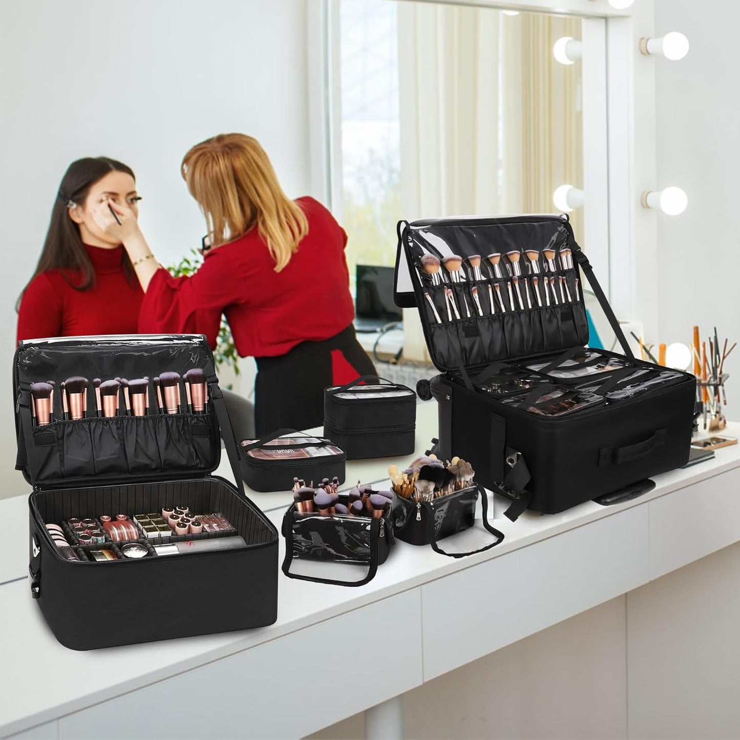 Rolling Makeup Bag Professional Makeup Artist Bags 4 in 1 Rolling Cosmetics Case Organizer Extra Large Trolley Travel Case with 360° Swivel Wheels and Adjustable Dividers-BrightBean Baby