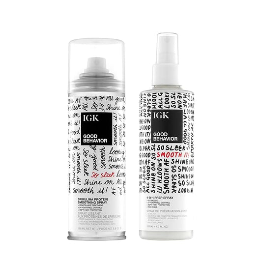IGK GOOD BEHAVIOR Smoothing Frizz Fighters Set | 4-in-1 Prep Spray + Spirulina Protein Smoothing Spray | Frizz Control + Heat Protectant | Vegan + Cruelty Free-BrightBean Baby