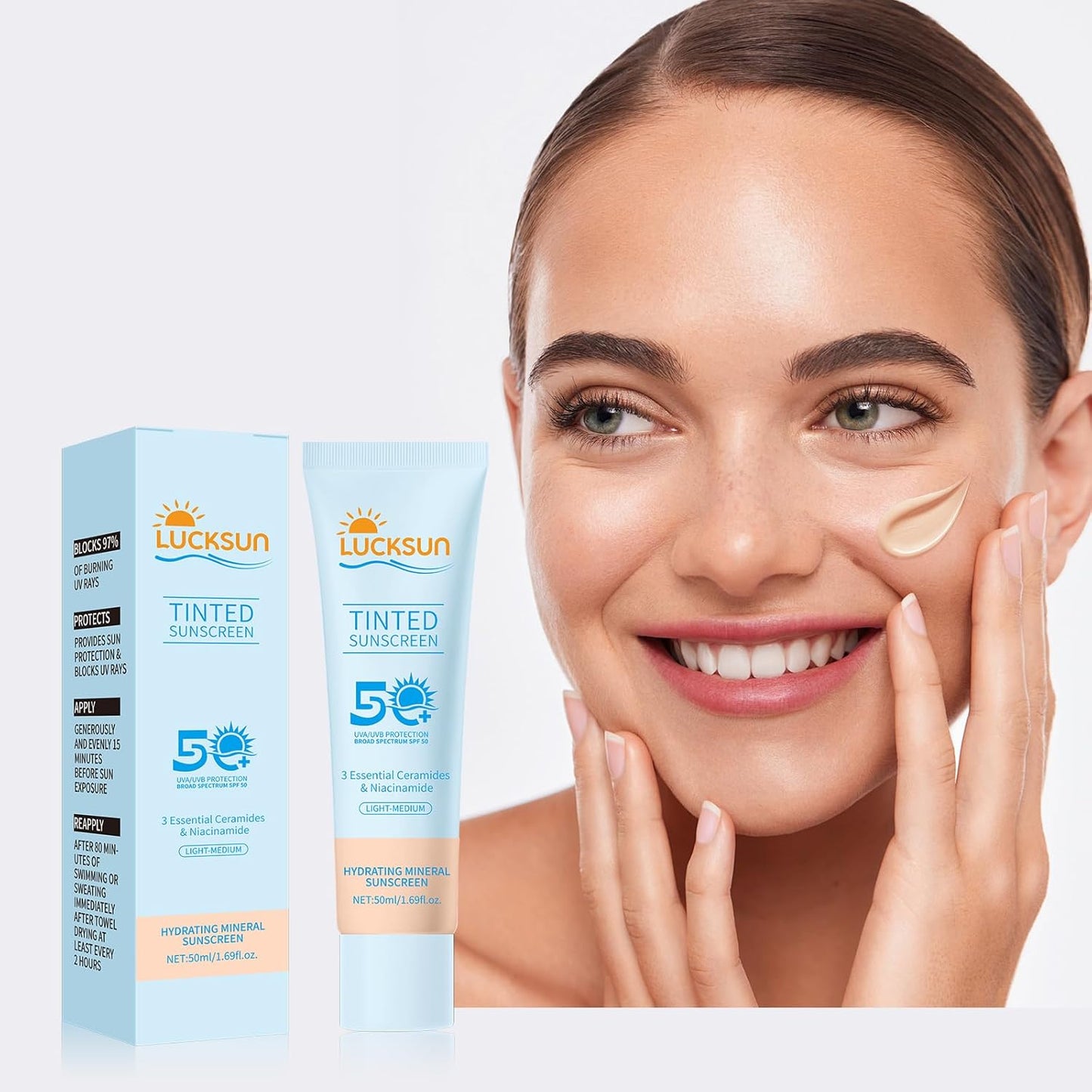 Tinted Sunscreen for Face SPF 50, 2 PCS Defense SPF 50 Face Sunscreen Lotion with Hyaluronic Acid, Sun Essence Faces Sunscreens, Hydrating, Moisturizing, UV Defense, Travel Size (Medium Color)-BrightBean Baby