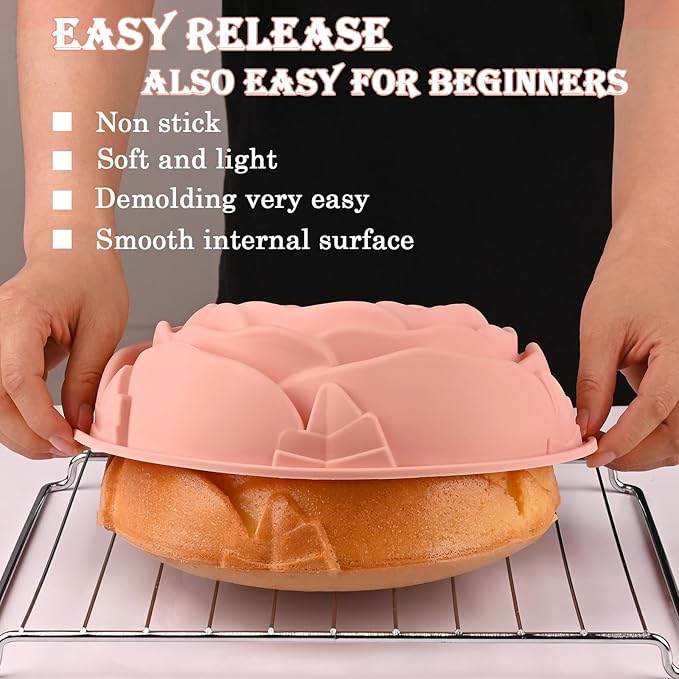 Sakolla 3 Pack Flower Shape Silicone Cake Molds, Large Round Silicone Molds for Baking Cake, Breads, Pies, Tarts, Jello (Rose, Chrysanthemum, Sunflower)