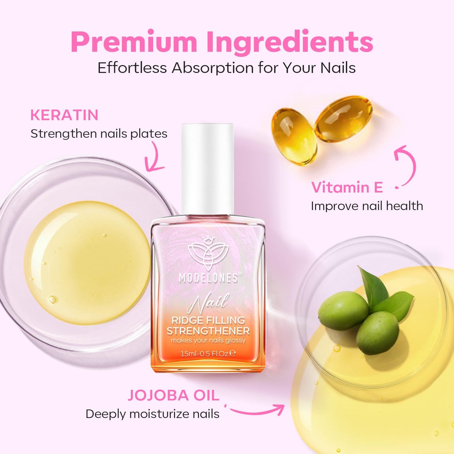 modelones Nail Strengthener Pearl Pink Nail Strengthener and Growth White Nail Polish for Thin Weak & Damaged Nail Repair for Damaged Nails Hardener 15ml-BrightBean Baby