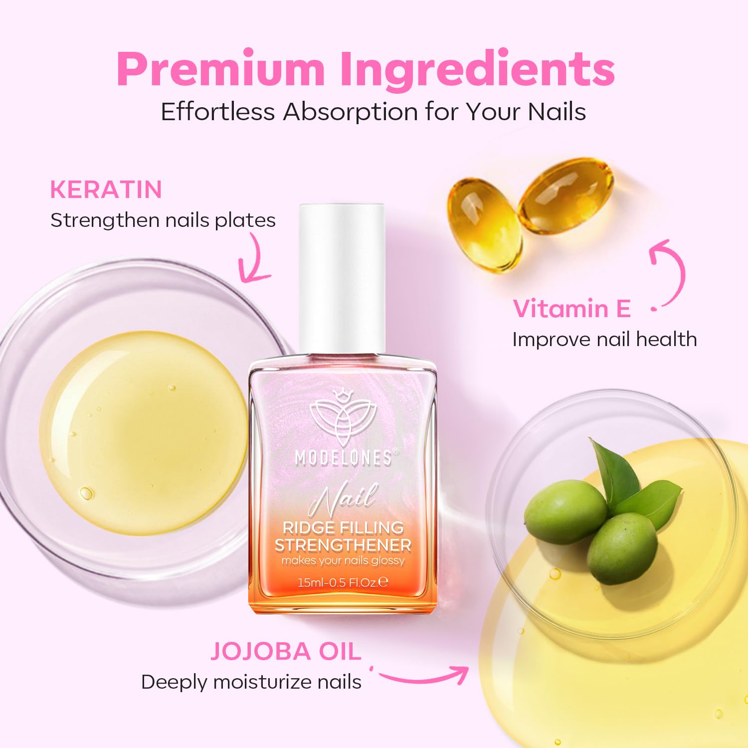 modelones Nail Strengthener Pearl Pink Nail Strengthener and Growth White Nail Polish for Thin Weak & Damaged Nail Repair for Damaged Nails Hardener 15ml-BrightBean Baby