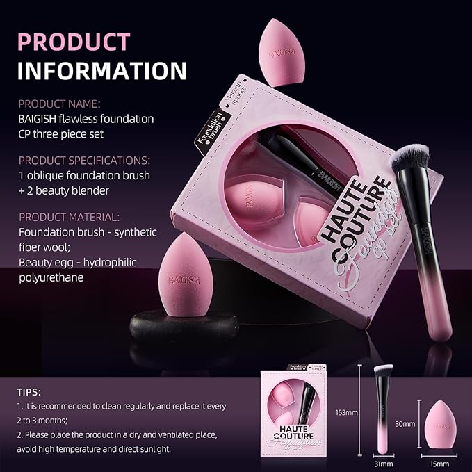 Makeup Brush Set, Flat Top Kabuki Brush Premium Foundation Brush for Liquid, Cream, and Powder with 2 Makeup Sponge for Foundation, Powder, Blush, and Concealer-BrightBean Baby