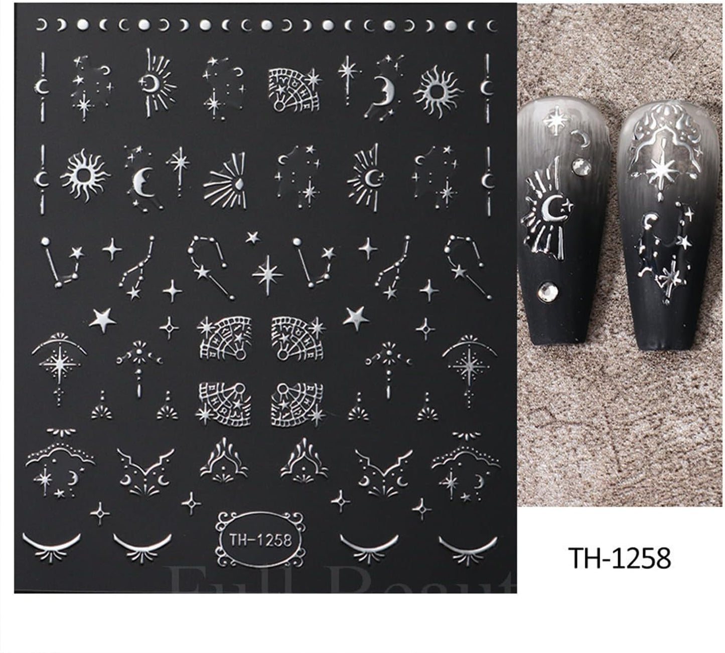 Metallic Silver Nail Art Stickers 3D Self-Adhesive Nails Stickers Bohemian Sun Moon Hexagram Butterfly Heart French Tip Decal Supplies Women DIY Silver Metal Nail Art Decoration 4Sheets-BrightBean Baby