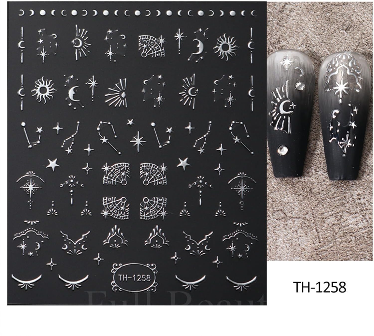 Metallic Silver Nail Art Stickers 3D Self-Adhesive Nails Stickers Bohemian Sun Moon Hexagram Butterfly Heart French Tip Decal Supplies Women DIY Silver Metal Nail Art Decoration 4Sheets-BrightBean Baby