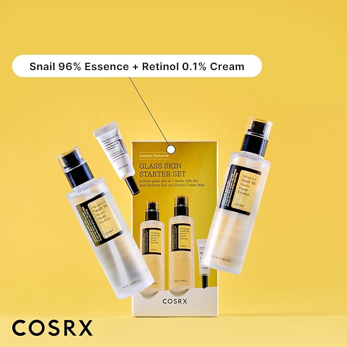 COSRX Glass Skin Korean Skincare Set- Advanced 96% Snail Mucin Serum (3.38fl oz * 2pcs) & Mini Sized 0.1% Retinol Cream for Face (0.1oz)- Korean Skin Care Gift Set, Anti Aging Set-BrightBean Baby