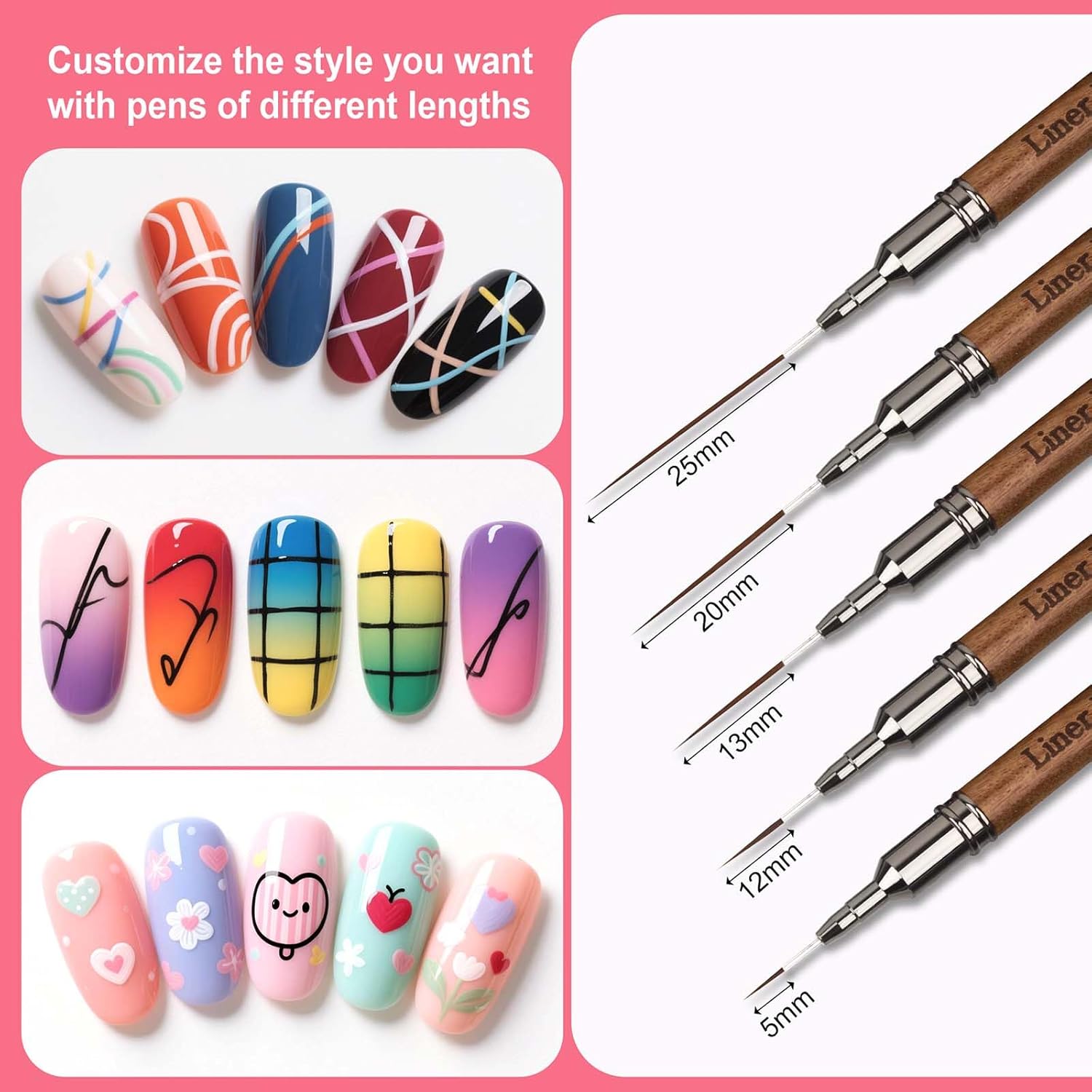 Artdone Wood Grain Nail Art Pens, Liner Brushes Set, 5PCS Brown Color Nail Tools For Long Lines, Thin Details, Fine Drawing, Liner Brush UV Gel Polish Painting Nail Design Sizes 5/12/13/20/25mm-BrightBean Baby