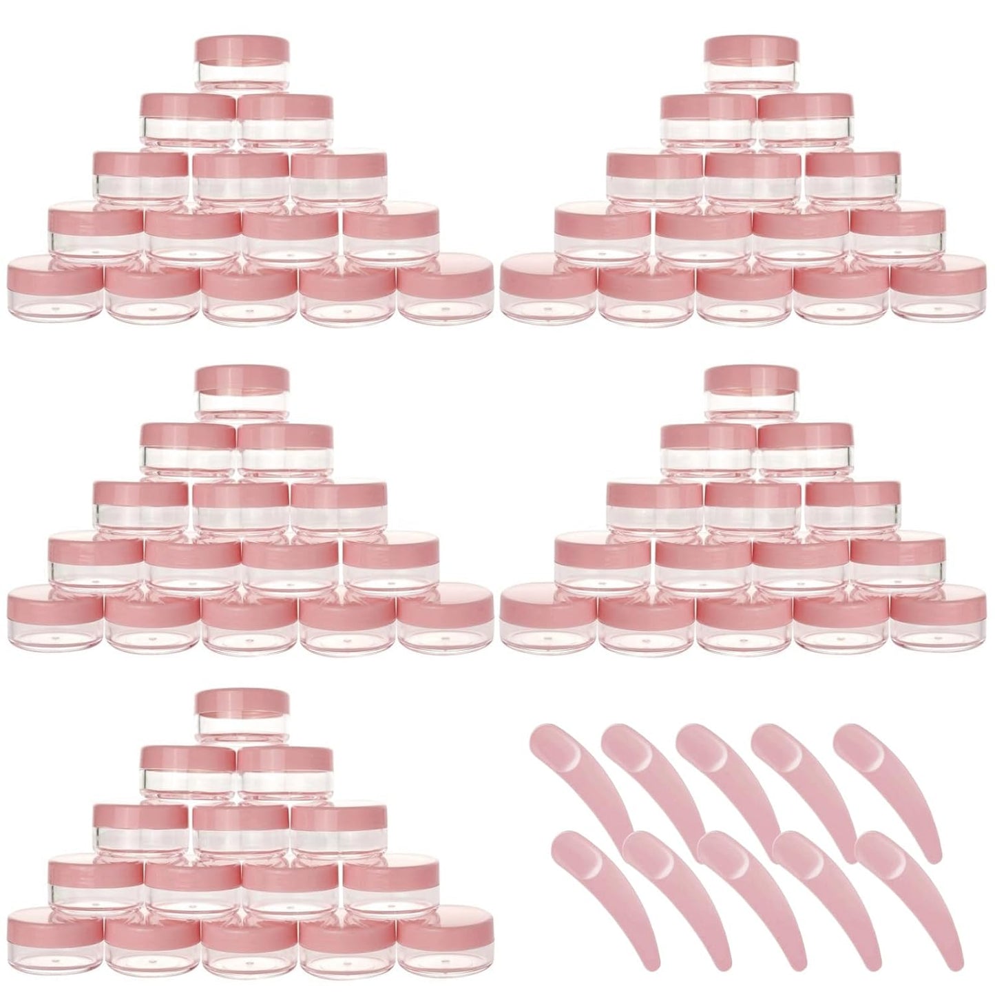 Refillable Cosmetic Sample Jars - 100 Pack 10g (0.35oz) Pink Small Travel Containers with Lids + 10 Mini Makeup Spatulas - BPA Free-BrightBean Baby