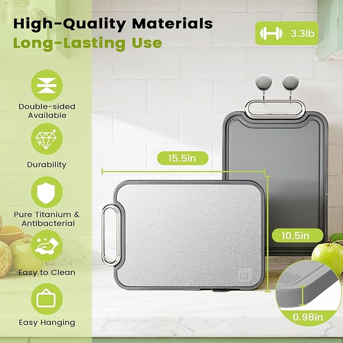 Titanium Cutting Board for Kitchen, Cutting Boards Non Toxic Double Sided Metal Pure Titanium and Wheat Straw PP Chopping Board Food Grade Easy to Clean Large Size 16"*10"*0.9"(Grey)