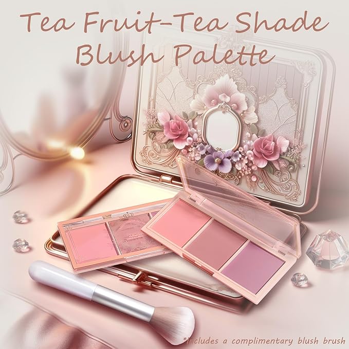 3 Color Matte Pink Blush Palette with Brush, Long Lasting Cheek Makeup, Light and Smooth Blush Powder for Face Beauty-BrightBean Baby