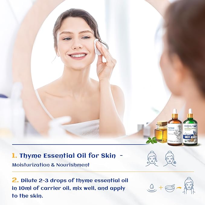 HIQILI 3.38 Fl Oz Thyme Essential Oil, 100% Pure Undiluted for Hair, Skin, Diffuser, Aromatherapy, Includes 10ML Travel Bottle - 100ML-BrightBean Baby