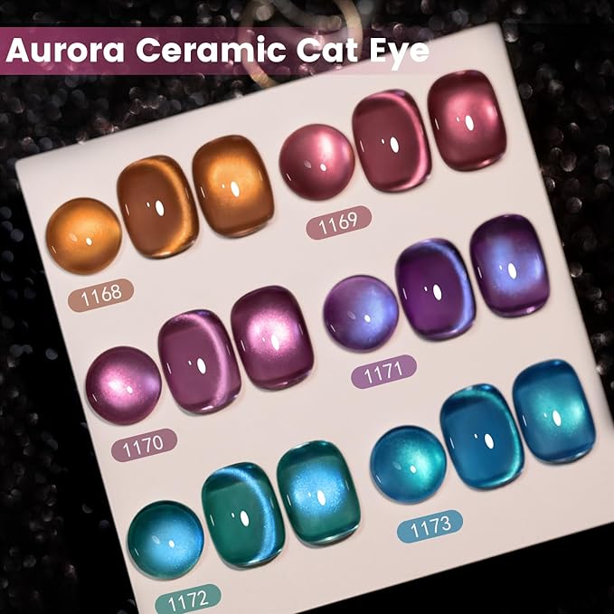RARJSM Aurora Ceramics Glitter Glass Cat Eye Gel Nail Polish Set 6Pcs Pink Purple Brown Blue Green Shimmer Smoothie Cateye Colorful Galaxy Effect with Magnetic Stick UV LED Curing Require Home Salon-BrightBean Baby