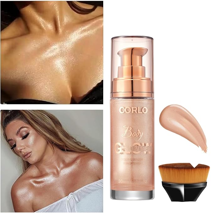Corlo Body Shimmer Oil Liquid Glitter Face Luminizer Glow Highlighter Waterproof Long Lasting Moisturizing Luminizer FaceProm Party Makeup Brush Include(Rose Gold, Body Oil)-BrightBean Baby
