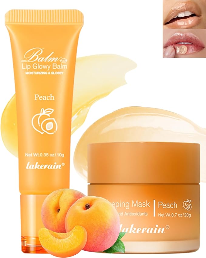 2Pcs Lip Glowy Balm & Lip Sleeping Mask Set,Hydrating Nourishing Repair Sleeping Lip Mask,Glossy Tinted Lip Balm,Day & Night Smooth Cracked Chapped Dry Lip,Lip Care Therapy Treatment for Women-01Peach-BrightBean Baby