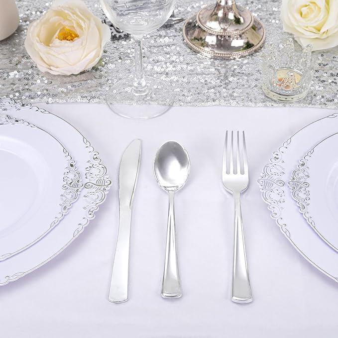 300Pieces Silver Plastic Silverware - Heavy Duty Disposable Utensils - Silver Plastic Cutlery Set Includes 100 Forks, 100 Spoons, 100 Knives for Dinner Parties Weddings
