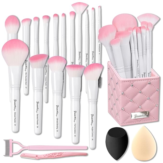 Bueart Design 16Pcs ULTRA SOFT labeled Makeup Brushes set with brush Holder face brush for Foundation Powder Blending Blush wooden Handle(16Pcs White+Pink Holder)-BrightBean Baby