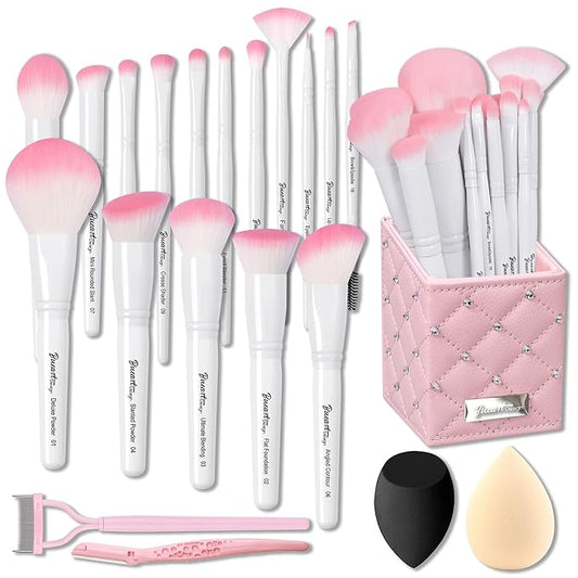 Bueart Design 16Pcs ULTRA SOFT labeled Makeup Brushes set with brush Holder face brush for Foundation Powder Blending Blush wooden Handle(16Pcs White+Pink Holder)-BrightBean Baby