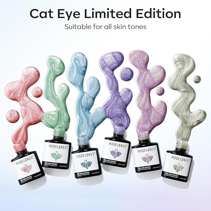 modelones Cat Eye Gel Nail Polish 6 Colors Red Green Silver Purple Blue Glitter Cat Eye Gel Polish Holographic 9D Semi-transparent With Magnet Soak Off Led Nail Art DIY Salon Gifts For Women Girl-BrightBean Baby